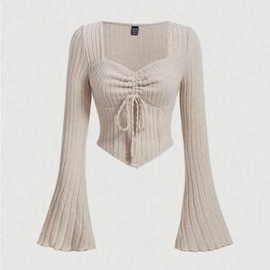 Shein Drawstring Front Flare Sleeve Lettuce Trim Shirt